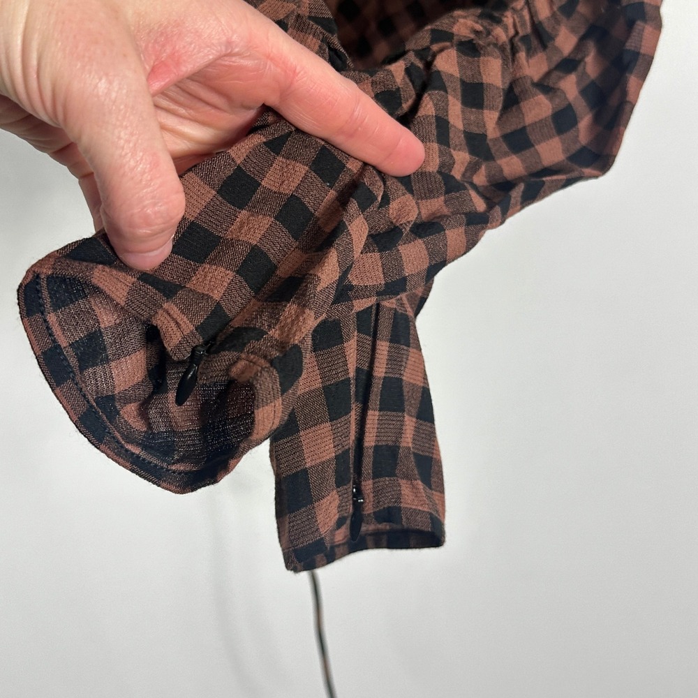ALC Oryn Black Brandy Brown‎ Top Womens Sz 4 Ruched Long Sleeve Plaid Check Boho - Picture 11 of 16